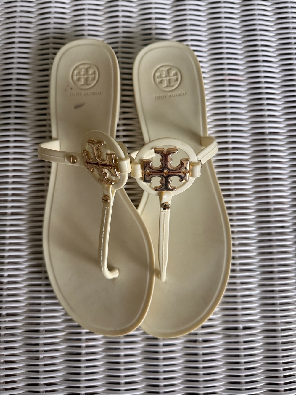Tory Burch Ivory Logo Jelly Thong Sandals with Gold Emblem